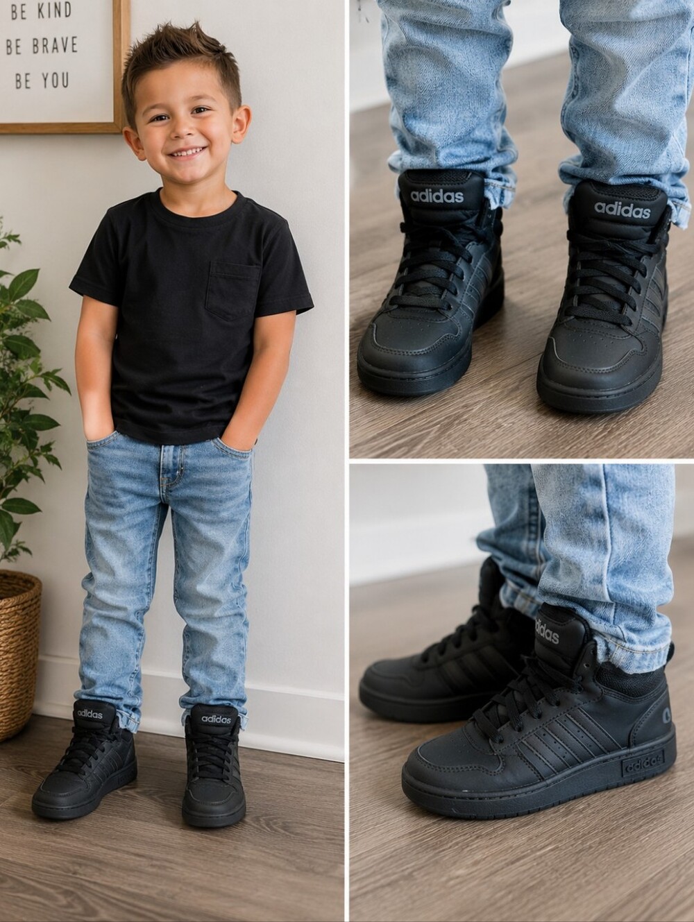 Adidas Hoops Mid 3.0 Triple Black High Top Sneakers Kids Size 13